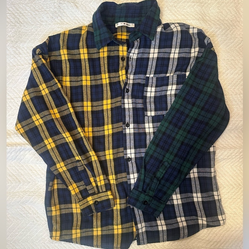 Men's Plaid Patchwork Shirt Flannel - Picture 1 of 5
